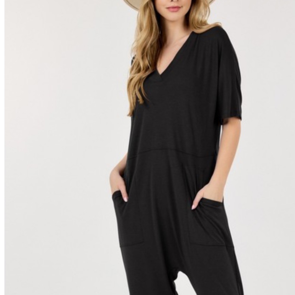 WOMEN'S COMFY V NECK SHORT SLEEVE JUMPSUIT - BLACK - Picture 3 of 5